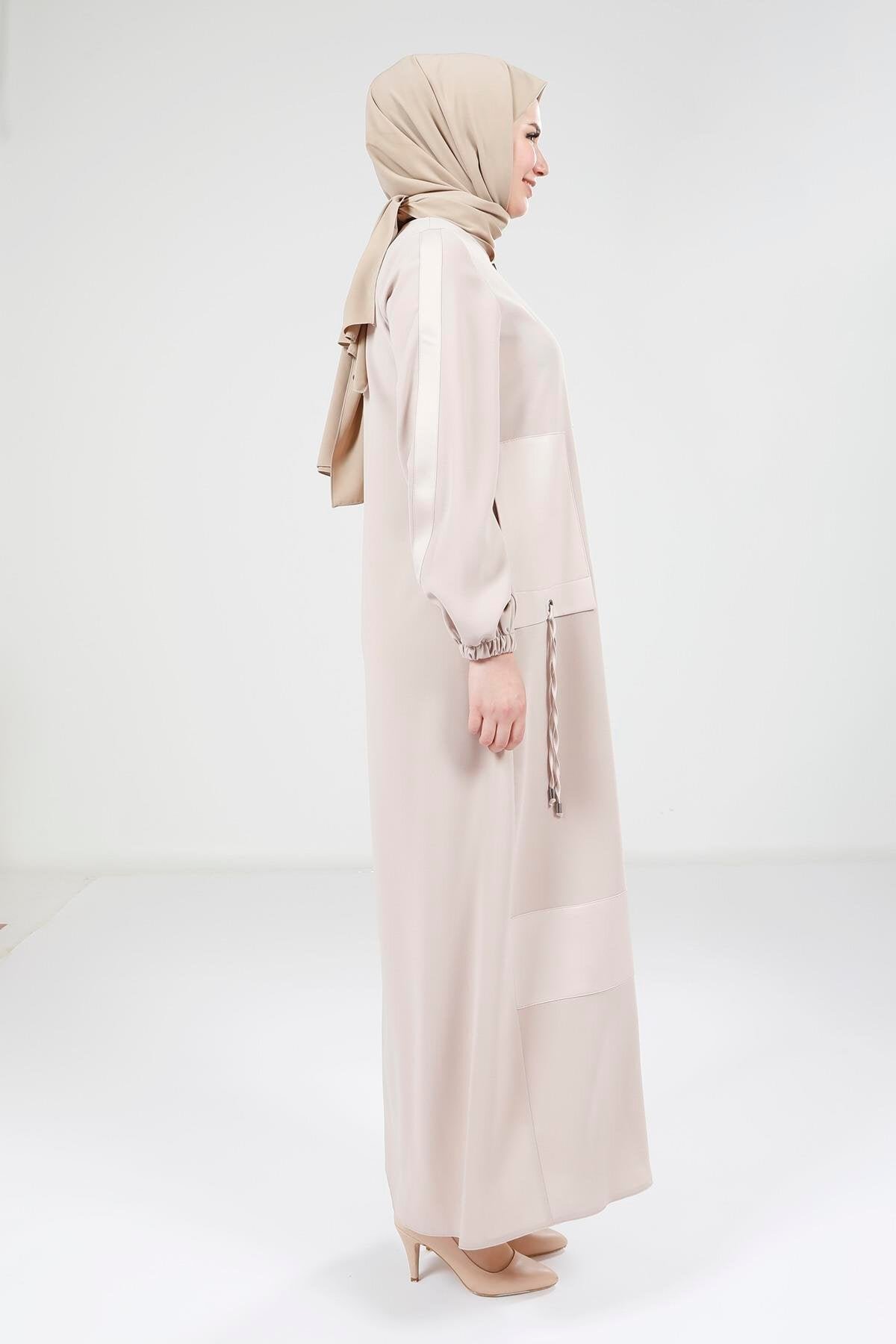 Satin-Trimmed Ferace Abaya - Beige - Beyza