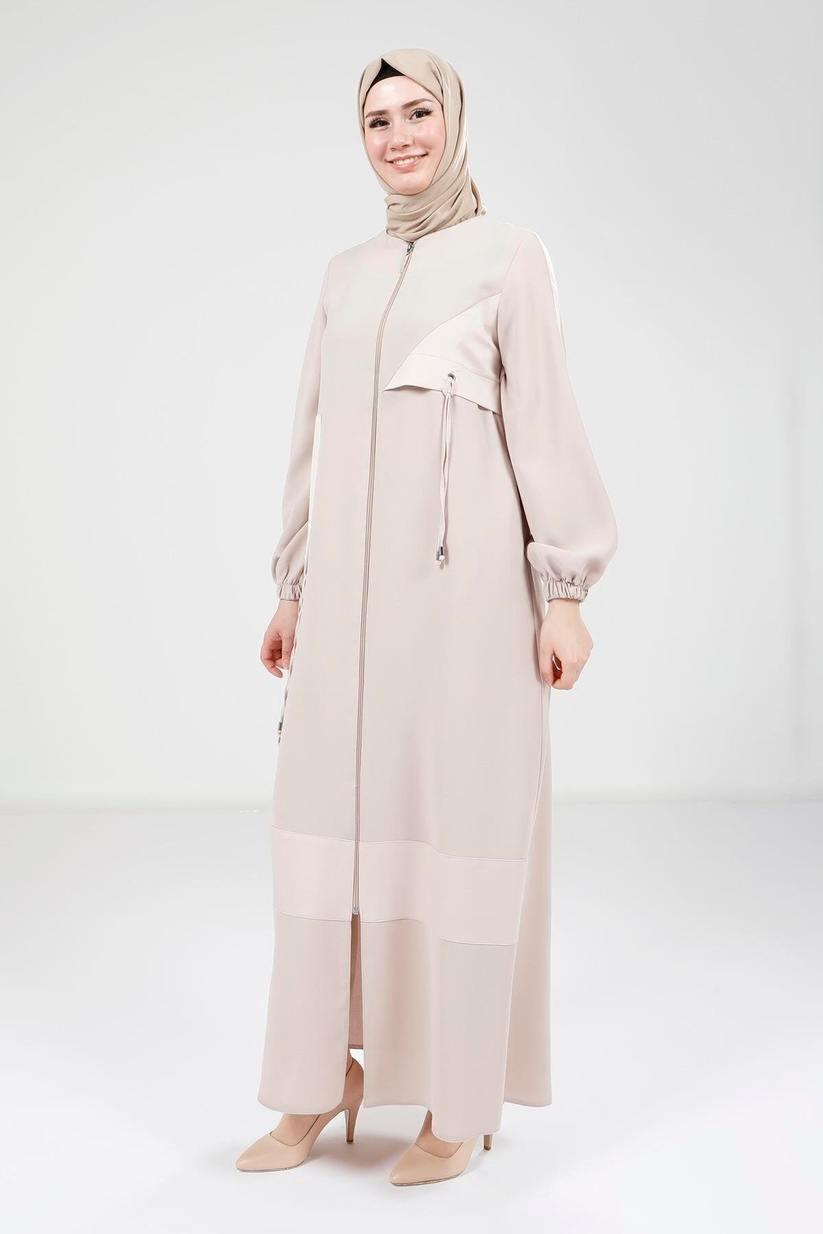 Satin-Trimmed Ferace Abaya - Beige - Beyza