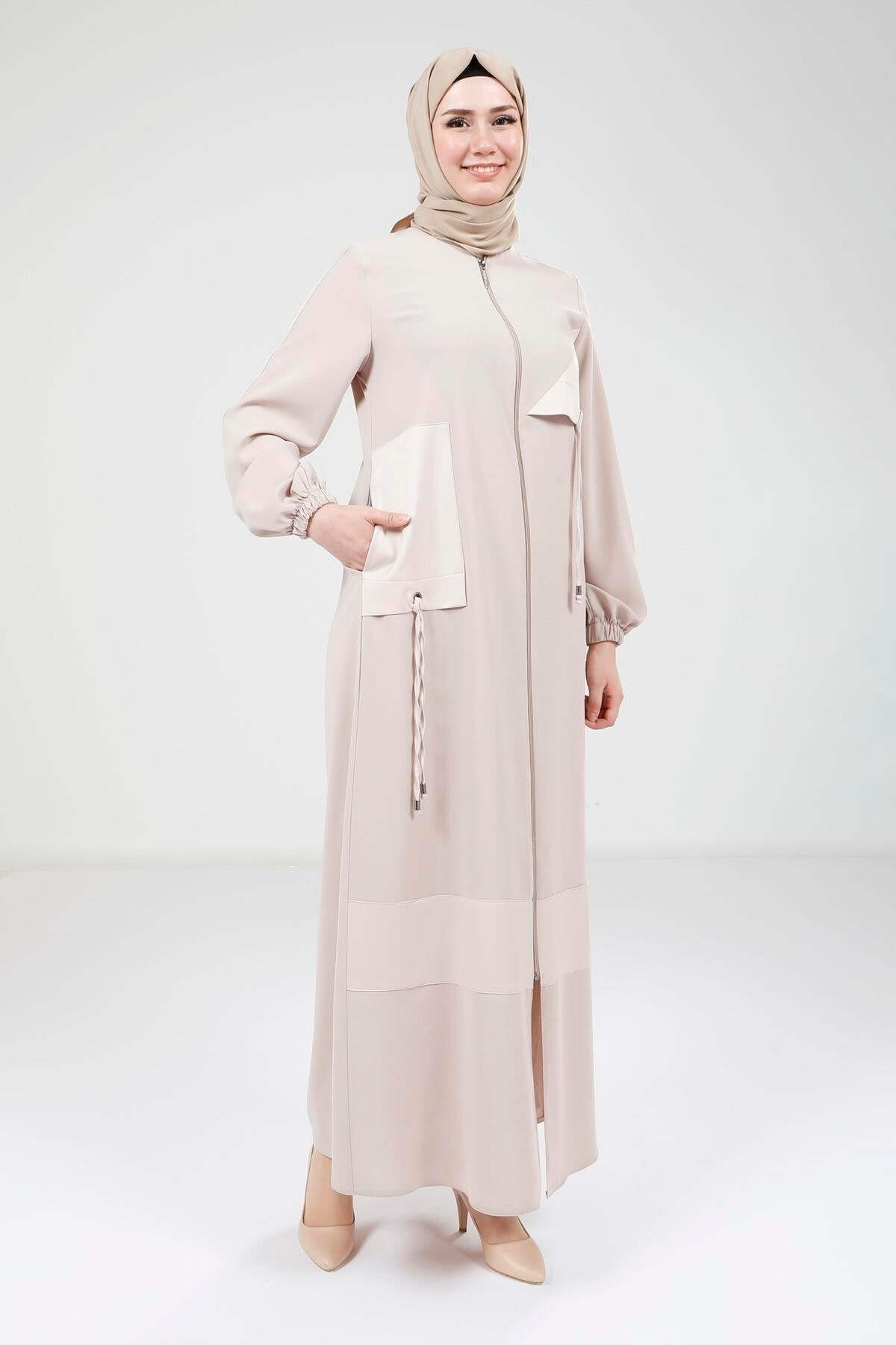 Satin-Trimmed Ferace Abaya - Beige - Beyza