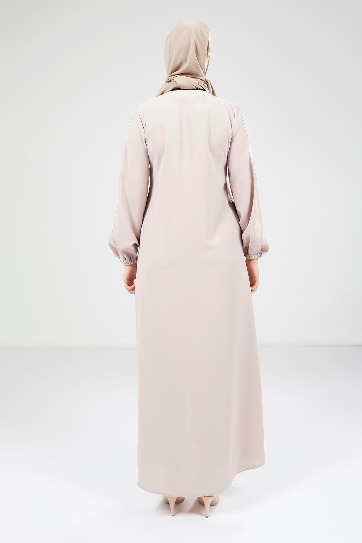 Satin-Trimmed Ferace Abaya - Beige - Beyza
