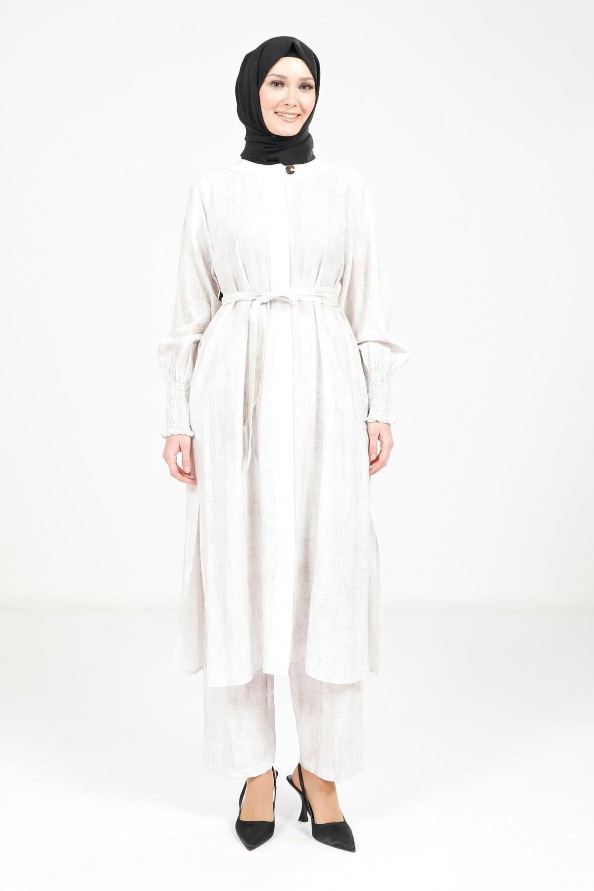 Belted Modest Two-Piece Set - Ecru - Beyza
