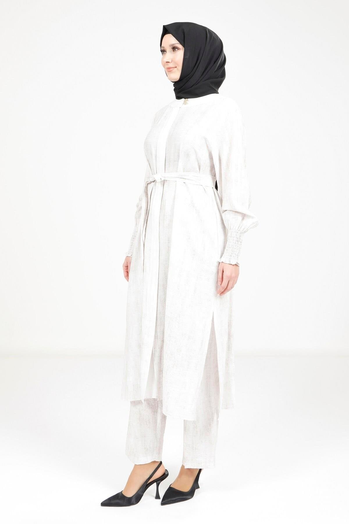 Belted Modest Two-Piece Set - Ecru - Beyza