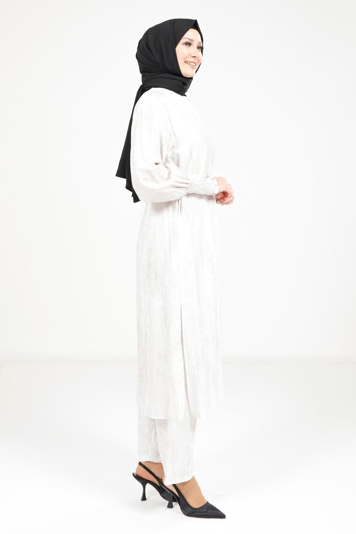 Belted Modest Two-Piece Set - Ecru - Beyza