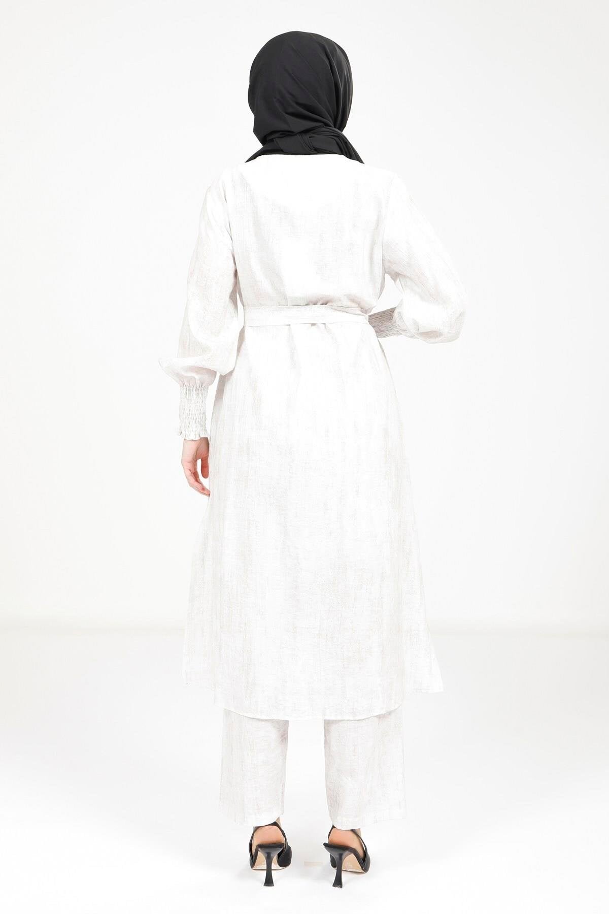Belted Modest Two-Piece Set - Ecru - Beyza