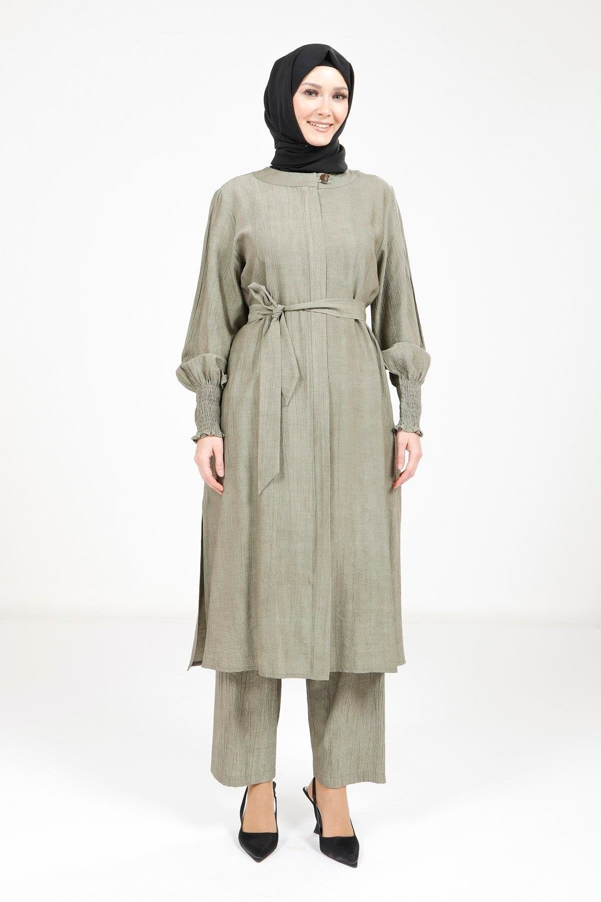 Belted Modest Two-Piece Set - Khaki - Beyza