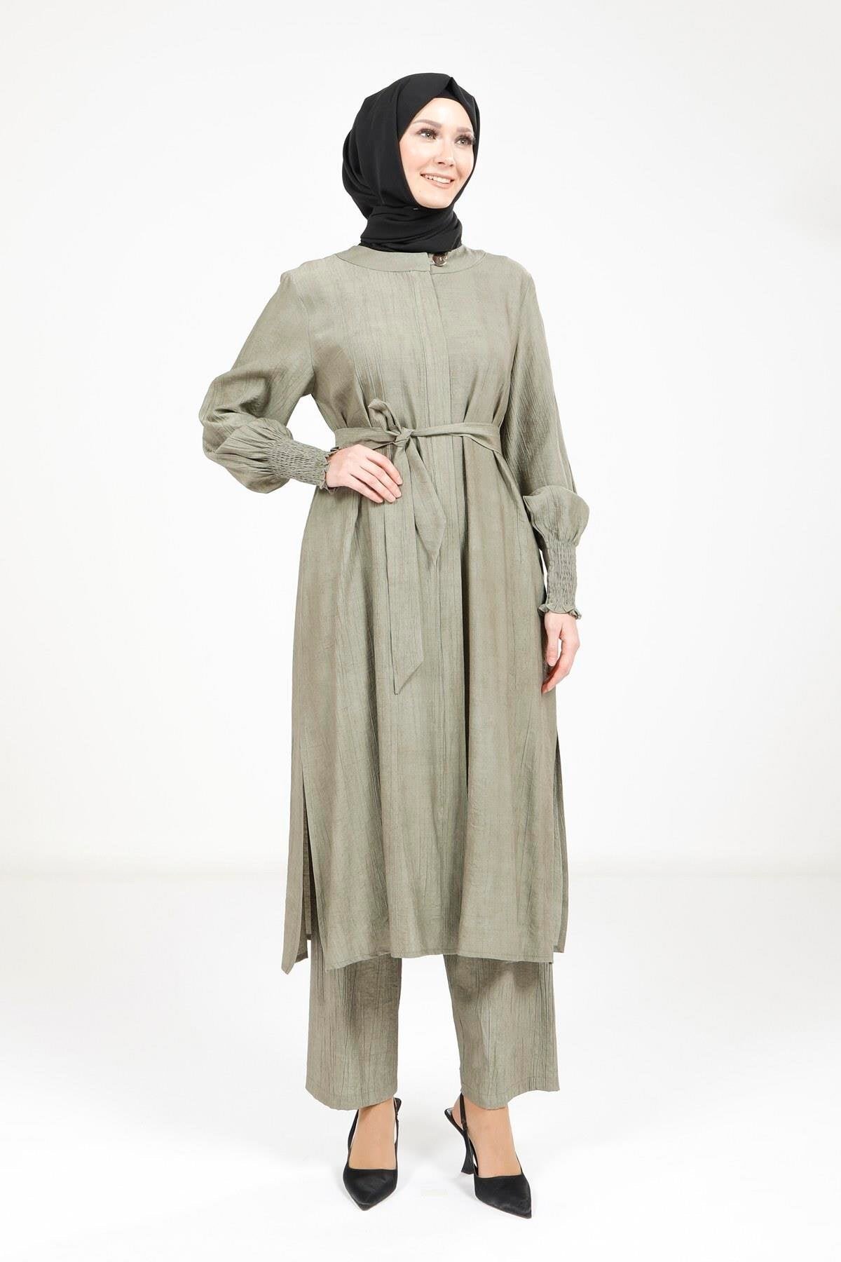 Belted Modest Two-Piece Set - Khaki - Beyza