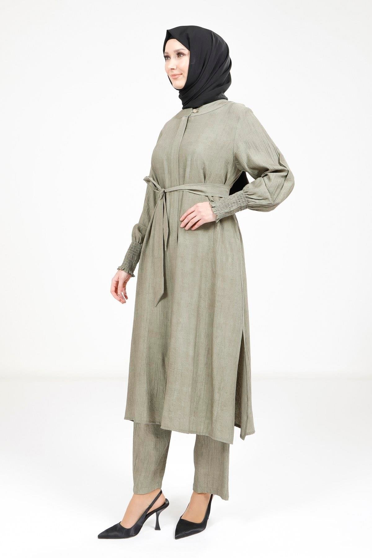 Belted Modest Two-Piece Set - Khaki - Beyza