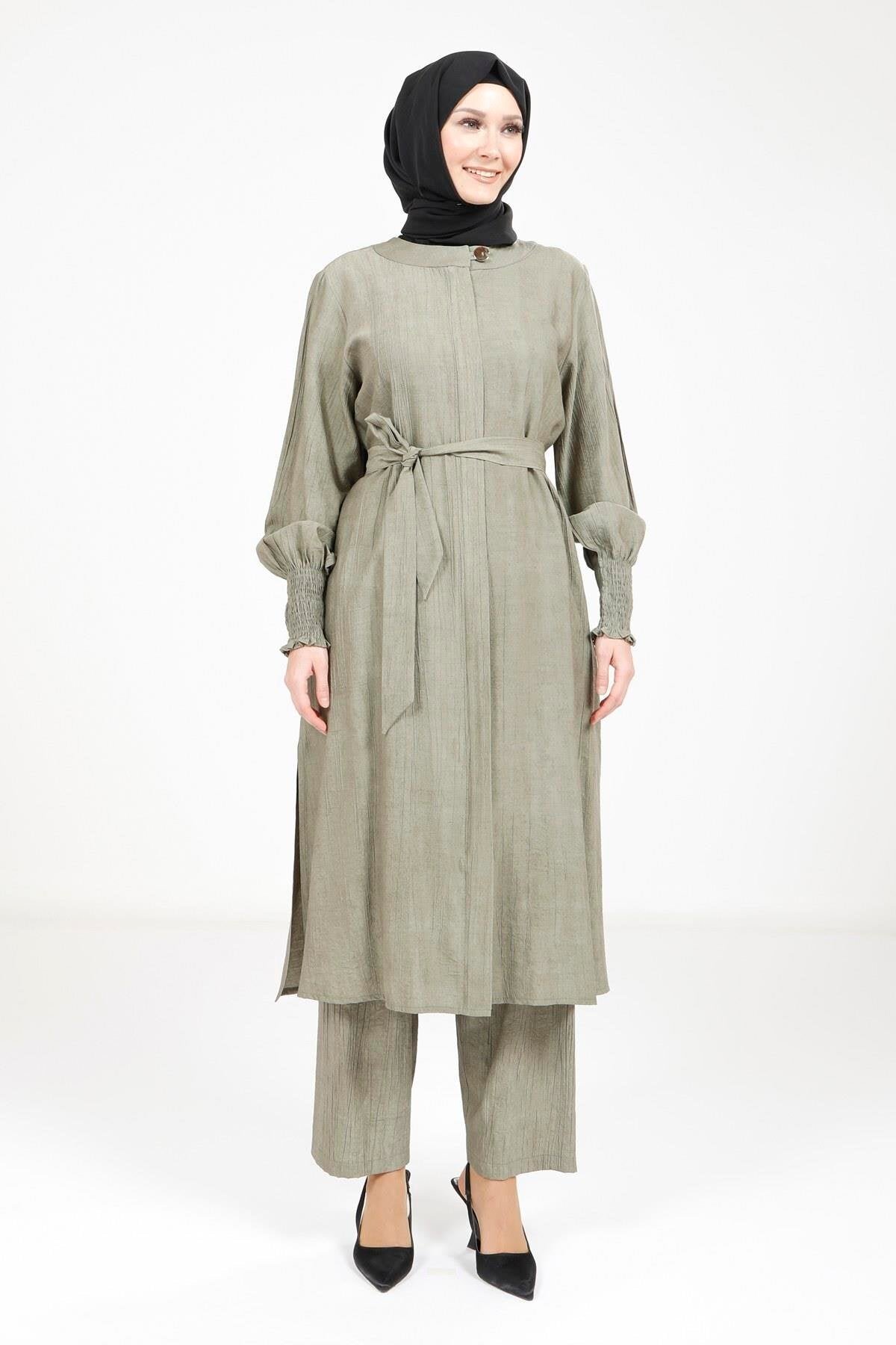Belted Modest Two-Piece Set - Khaki - Beyza