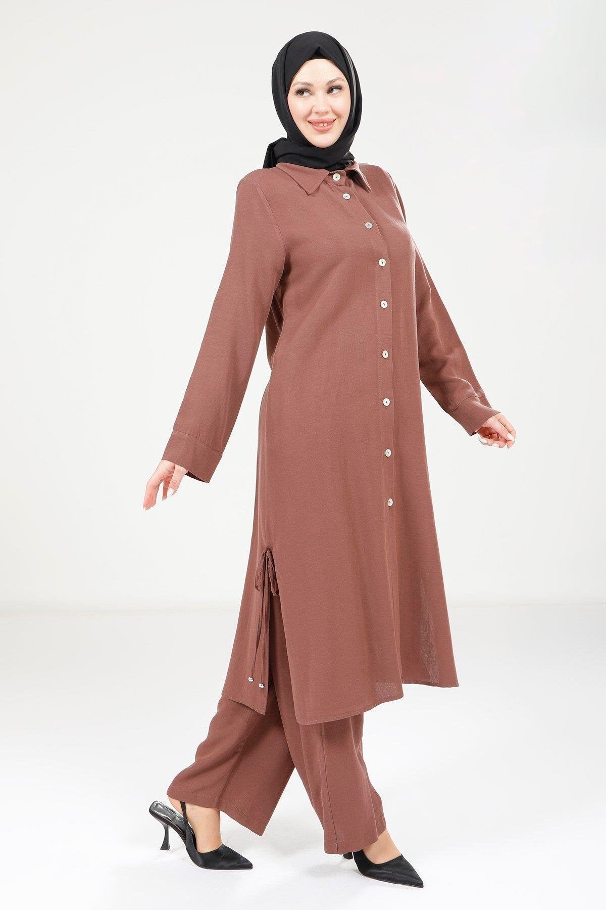 Linen Modest Two-Piece Set - Brown - Beyza