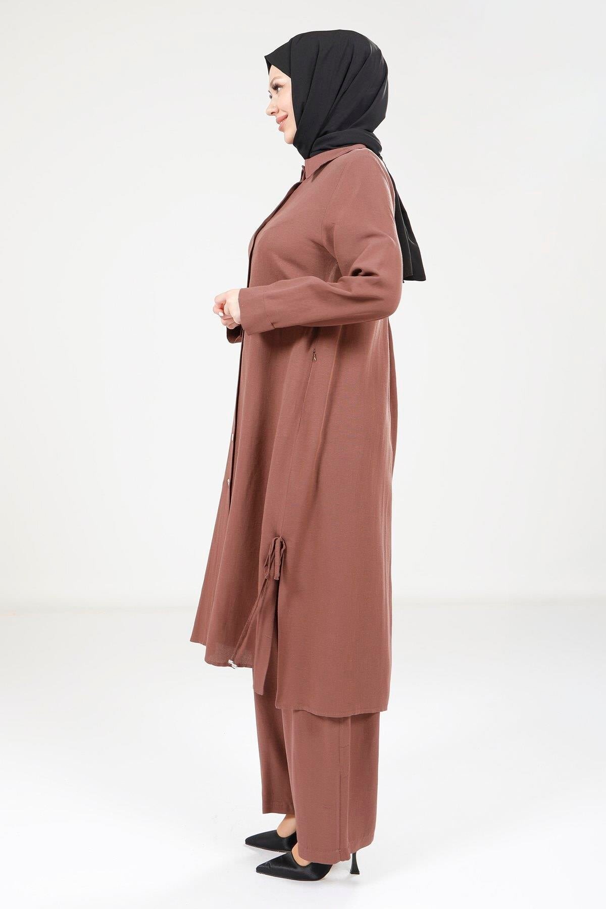 Linen Modest Two-Piece Set - Brown - Beyza