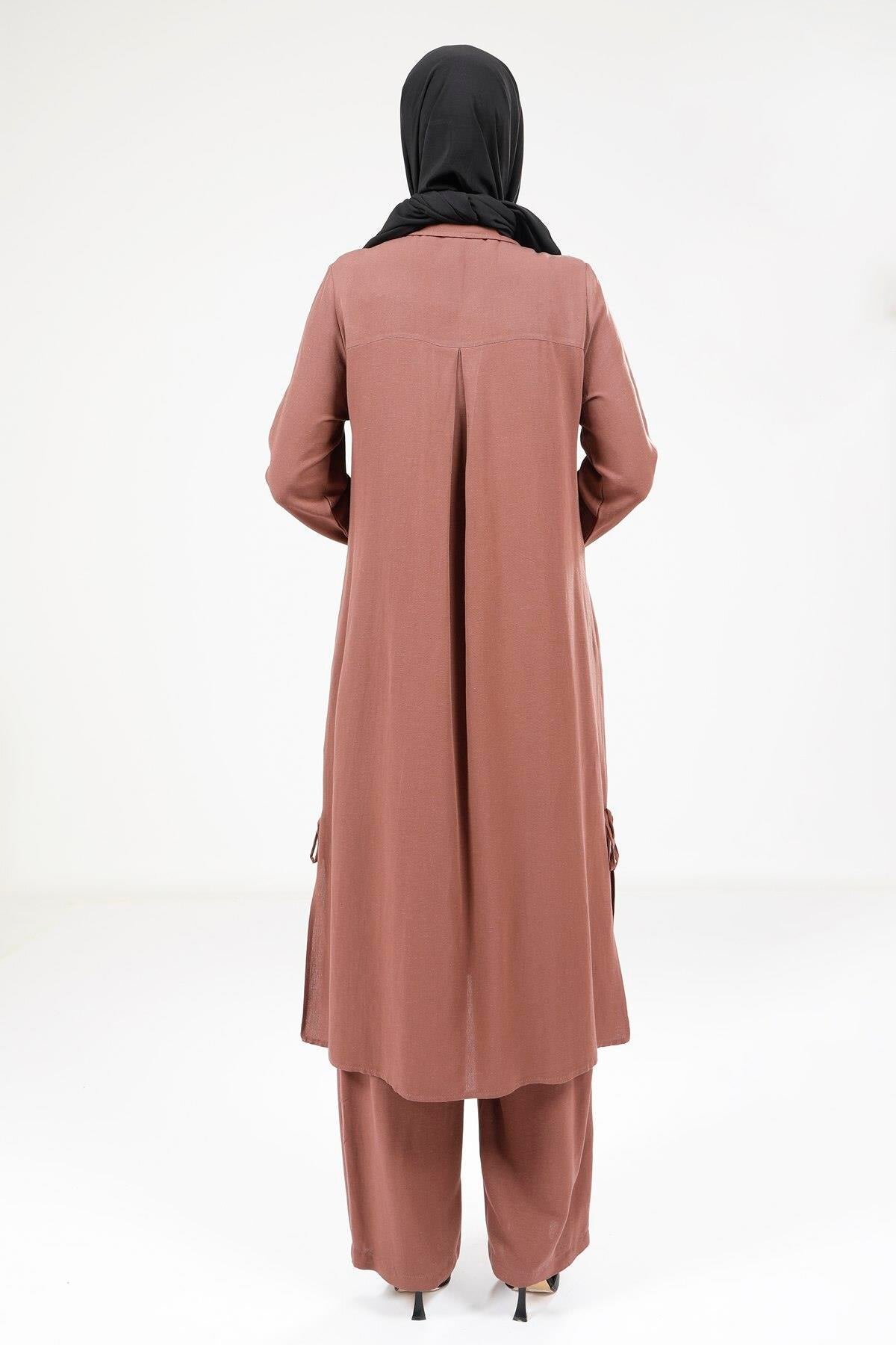 Linen Modest Two-Piece Set - Brown - Beyza
