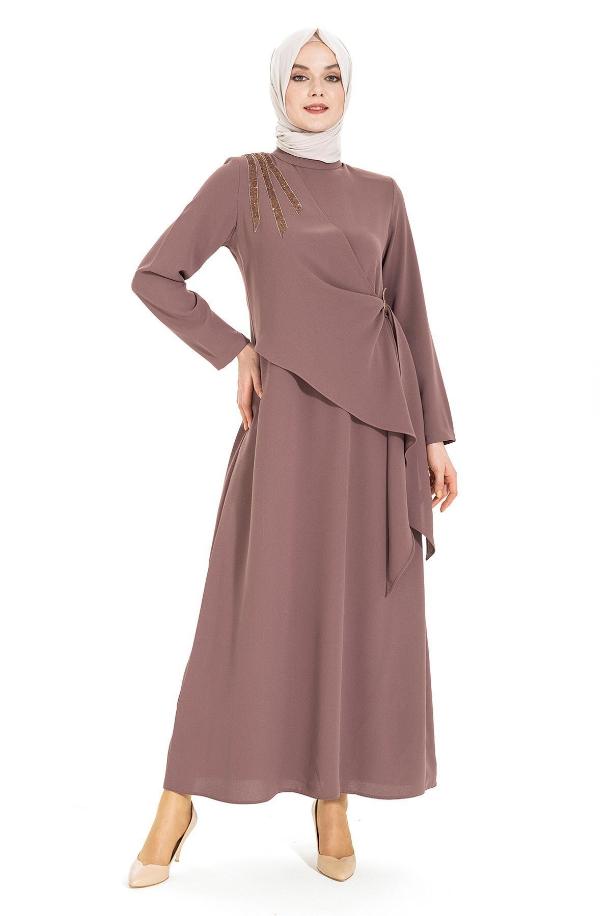 Stone-Detail Evening Dress - Brown - Beyza