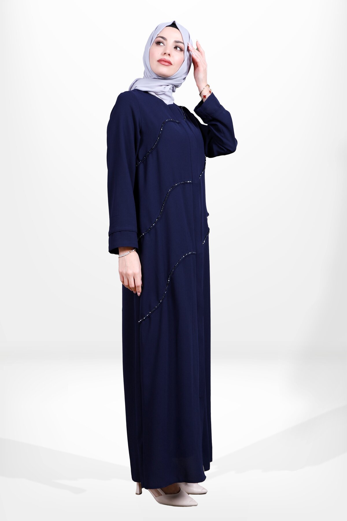 Bead-Embroidered Zippered Abaya - Navy Blue - Beyza