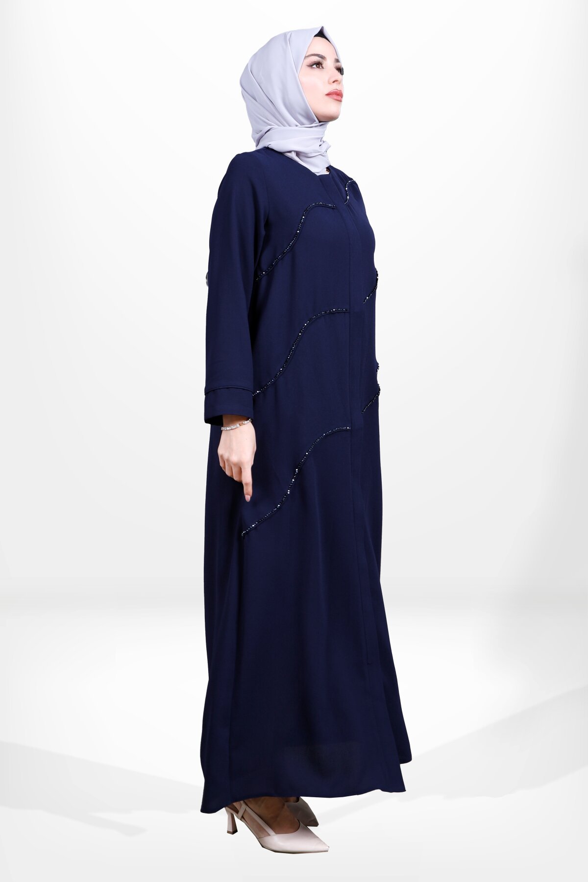 Bead-Embroidered Zippered Abaya - Navy Blue - Beyza