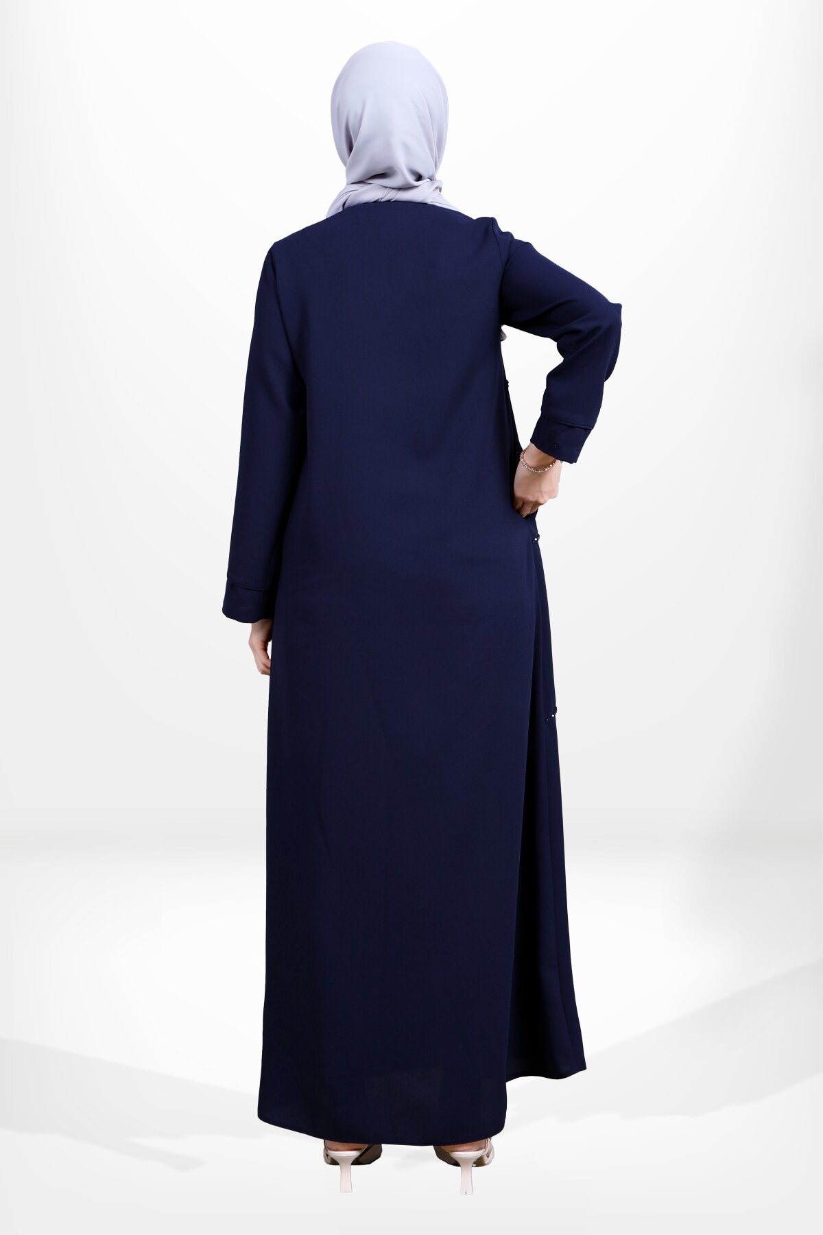 Bead-Embroidered Zippered Abaya - Navy Blue - Beyza