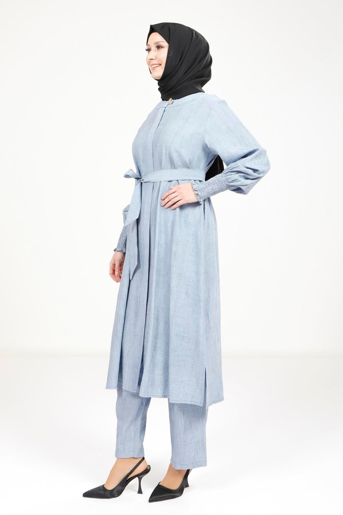 Belted Modest Two-Piece Set - Blue - Beyza