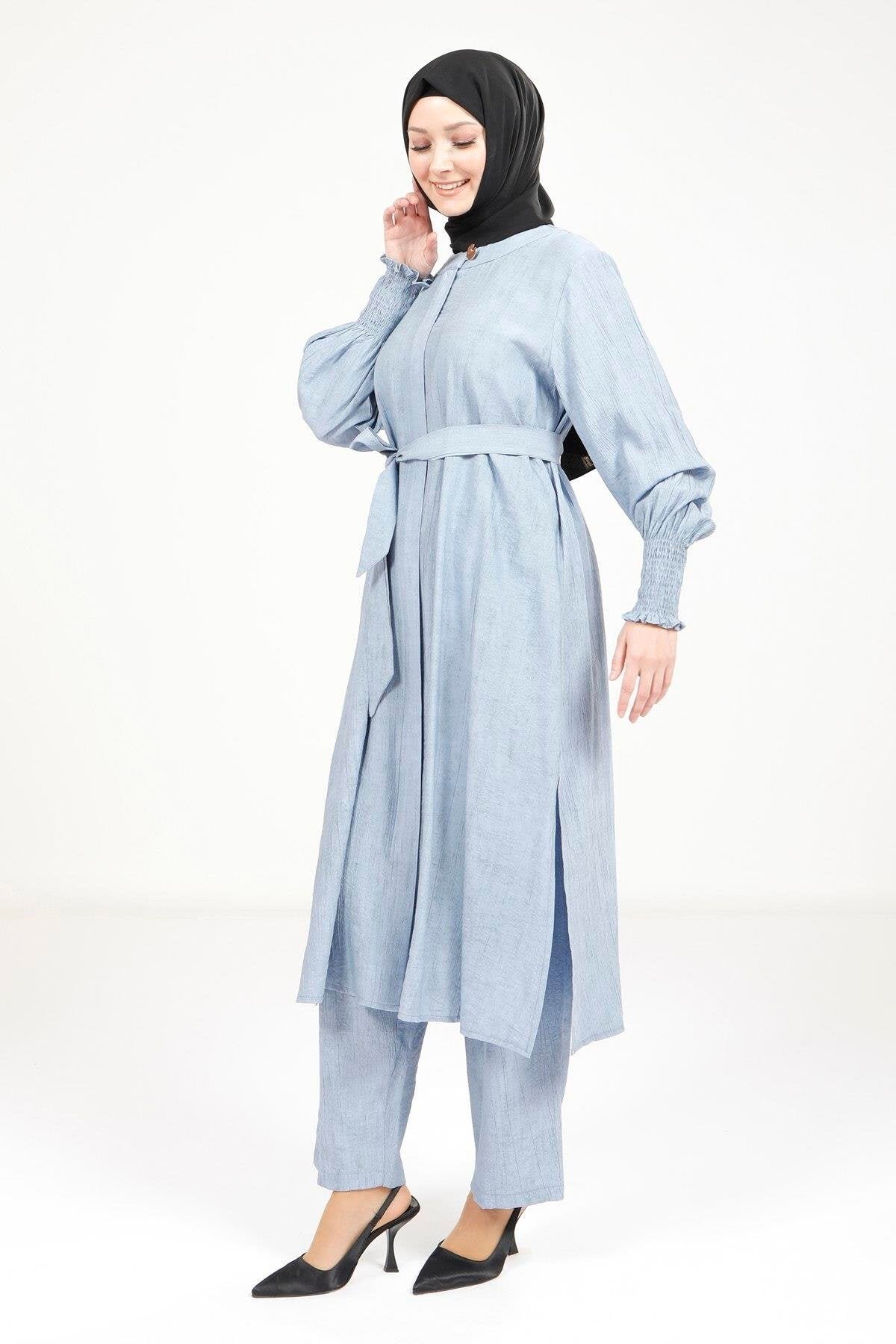 Belted Modest Two-Piece Set - Blue - Beyza