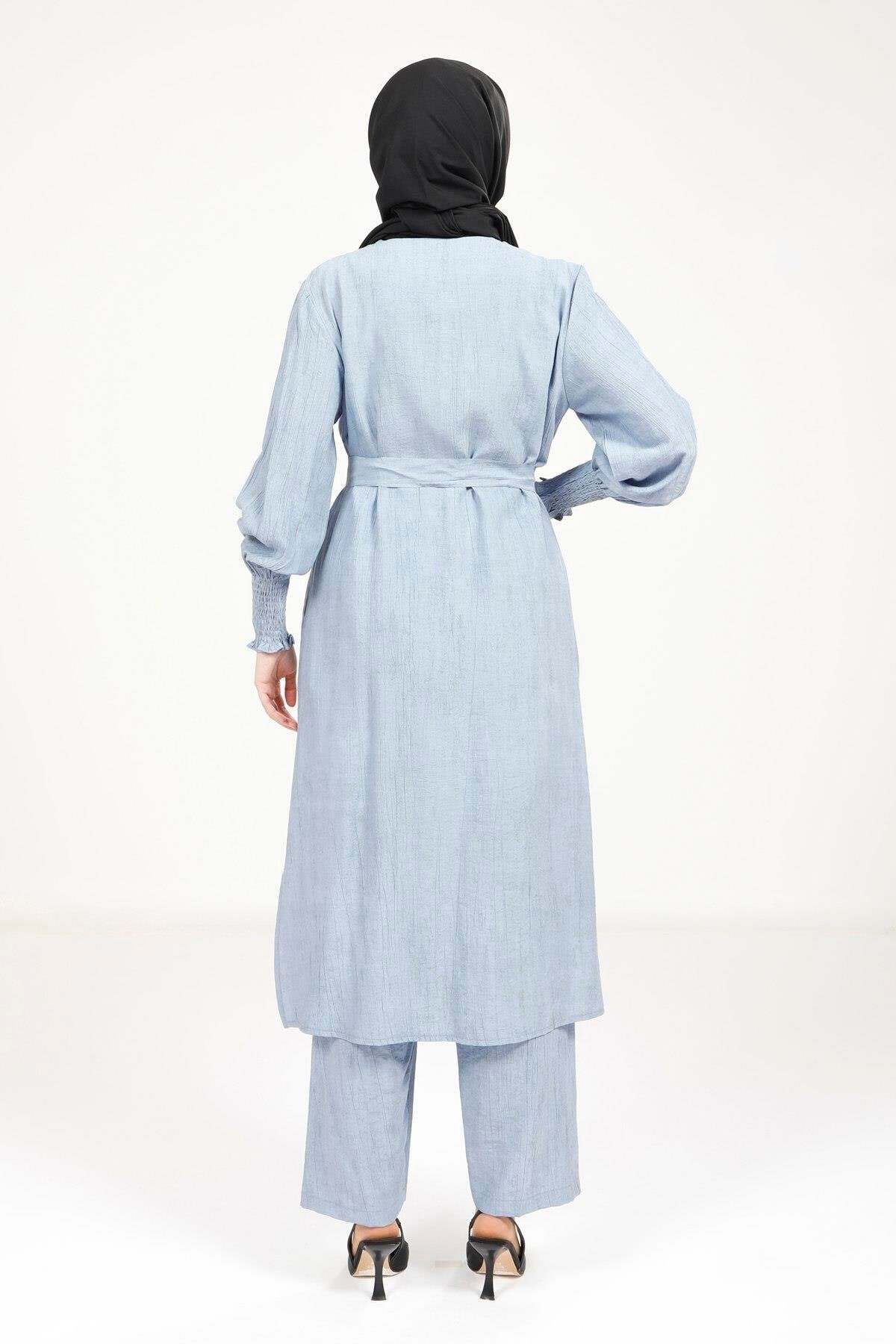 Belted Modest Two-Piece Set - Blue - Beyza