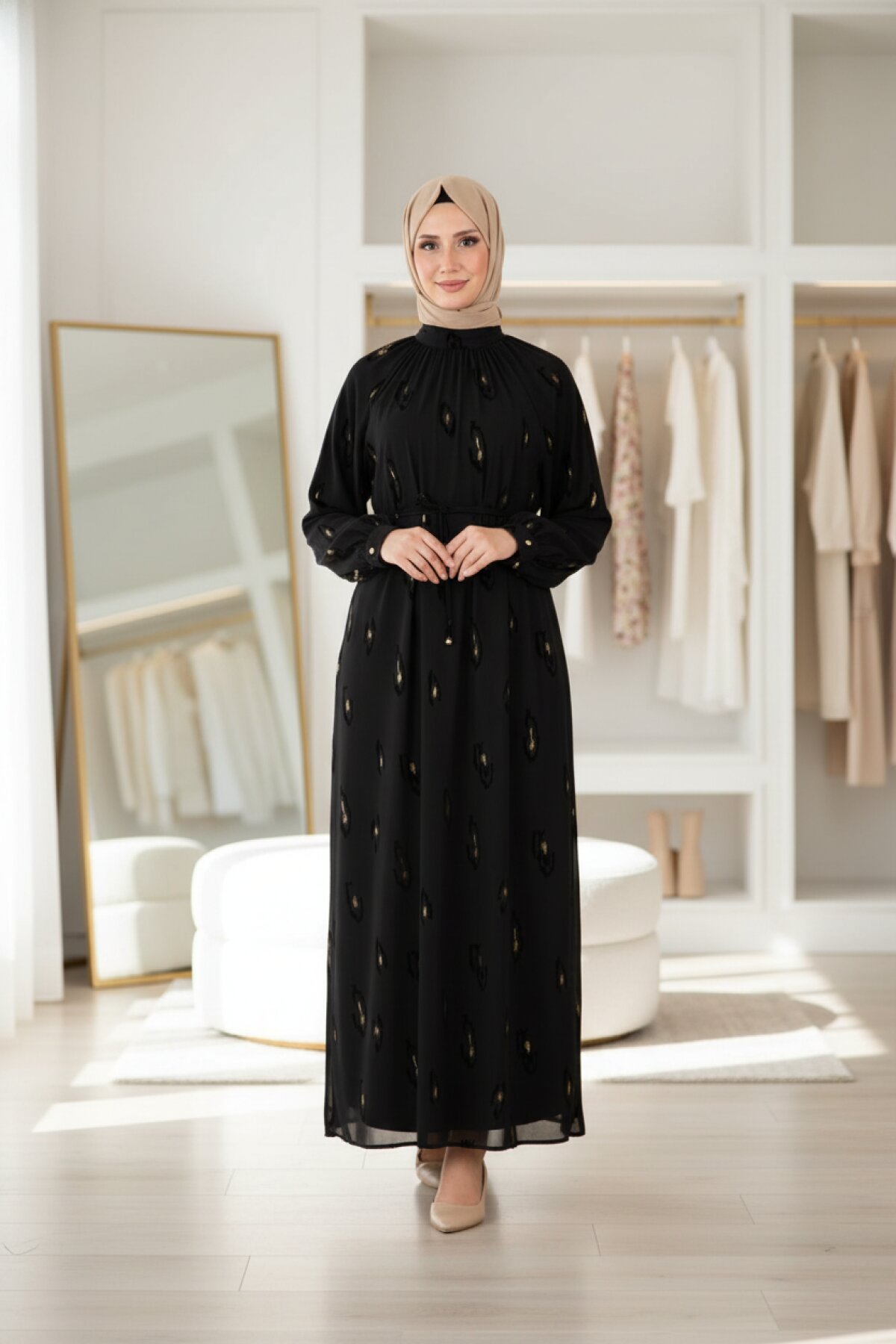 Patterned Brooch Collar Modest Dress - Black - Beyza