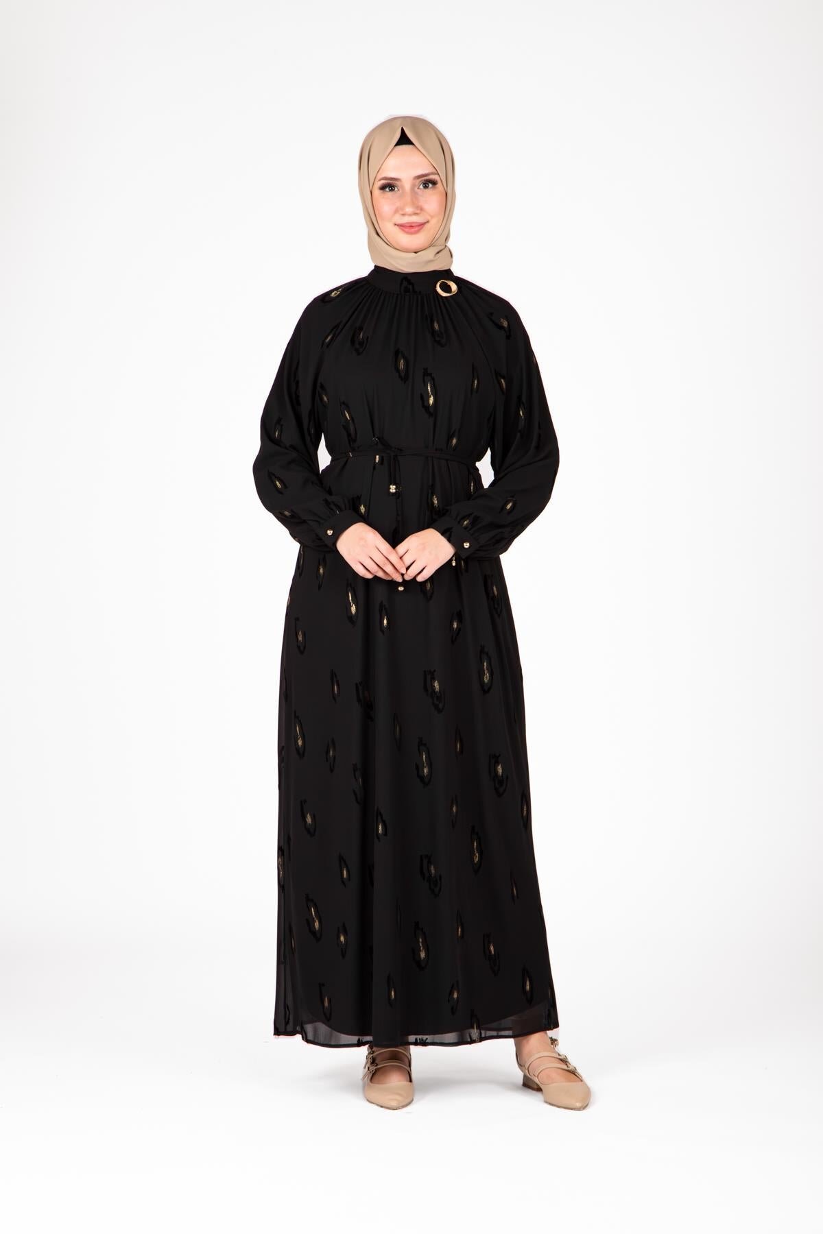 Patterned Brooch Collar Modest Dress - Black - Beyza