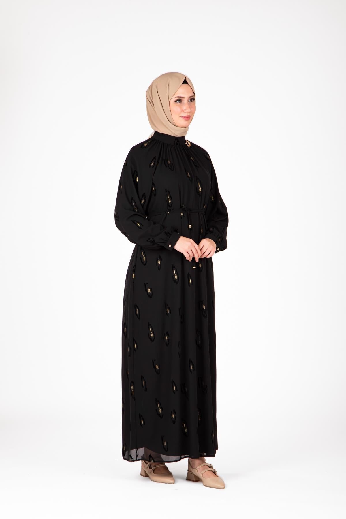 Patterned Brooch Collar Modest Dress - Black - Beyza