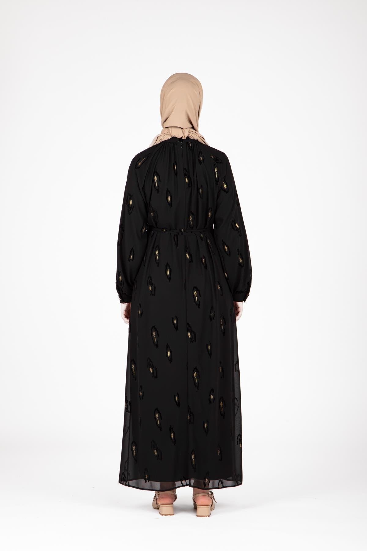 Patterned Brooch Collar Modest Dress - Black - Beyza
