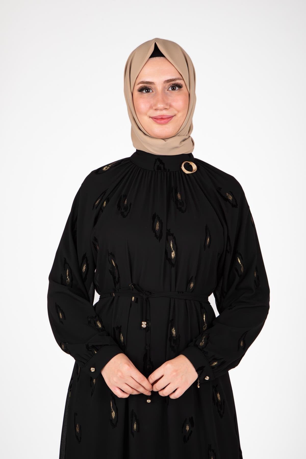 Patterned Brooch Collar Modest Dress - Black - Beyza