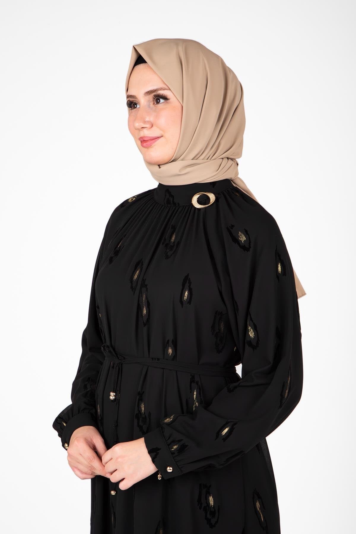 Patterned Brooch Collar Modest Dress - Black - Beyza