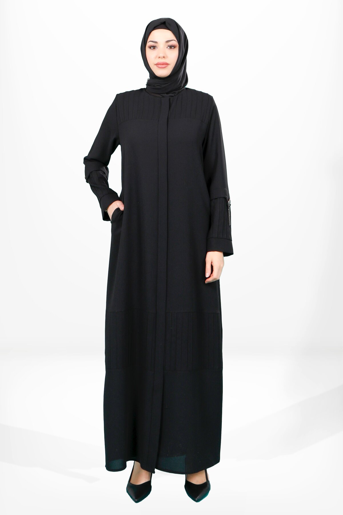 Ribbed Side-Pocket Zipped Abaya - Black - Beyza