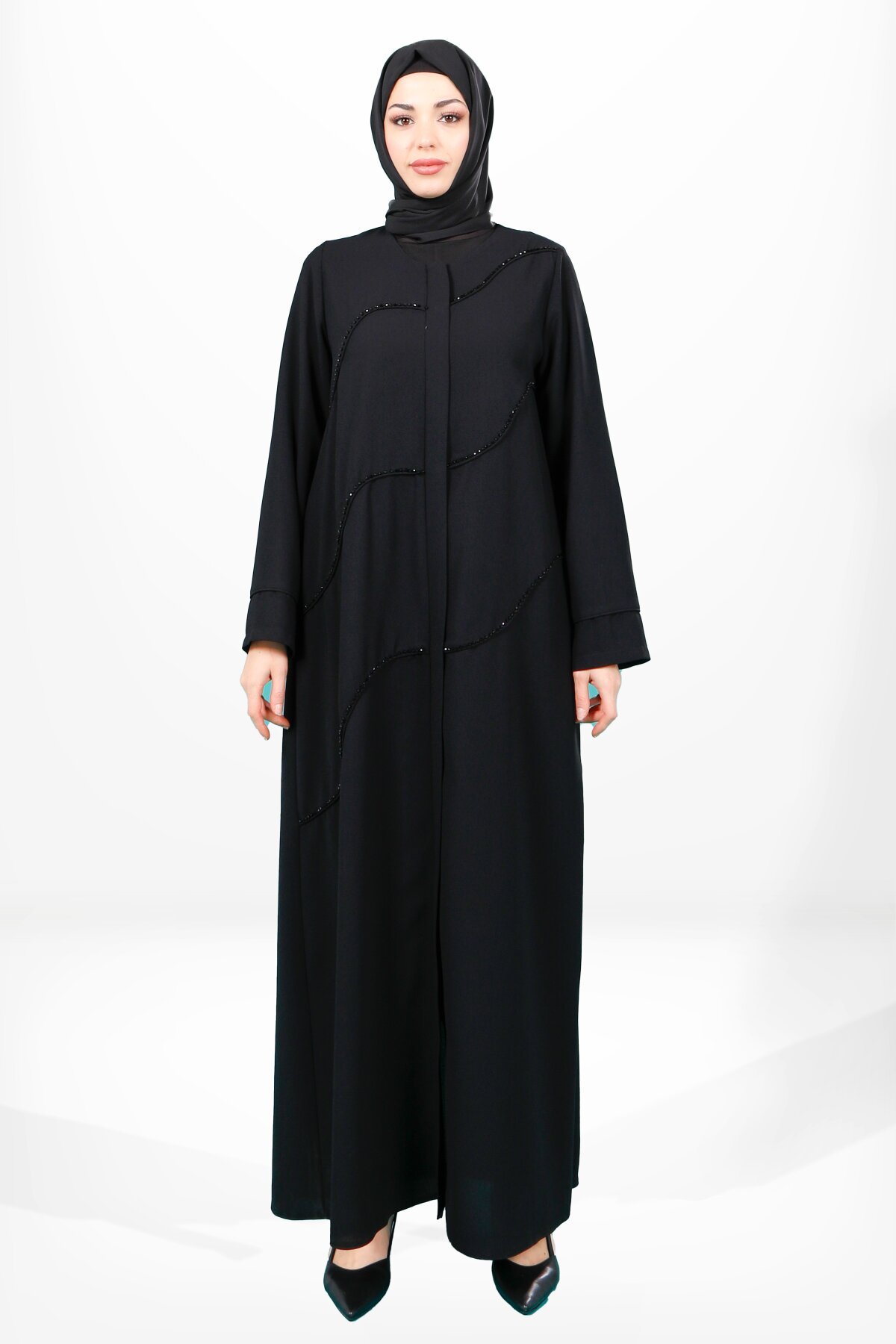 Front Bead-Embroidered Zippered Abaya - Black - Beyza