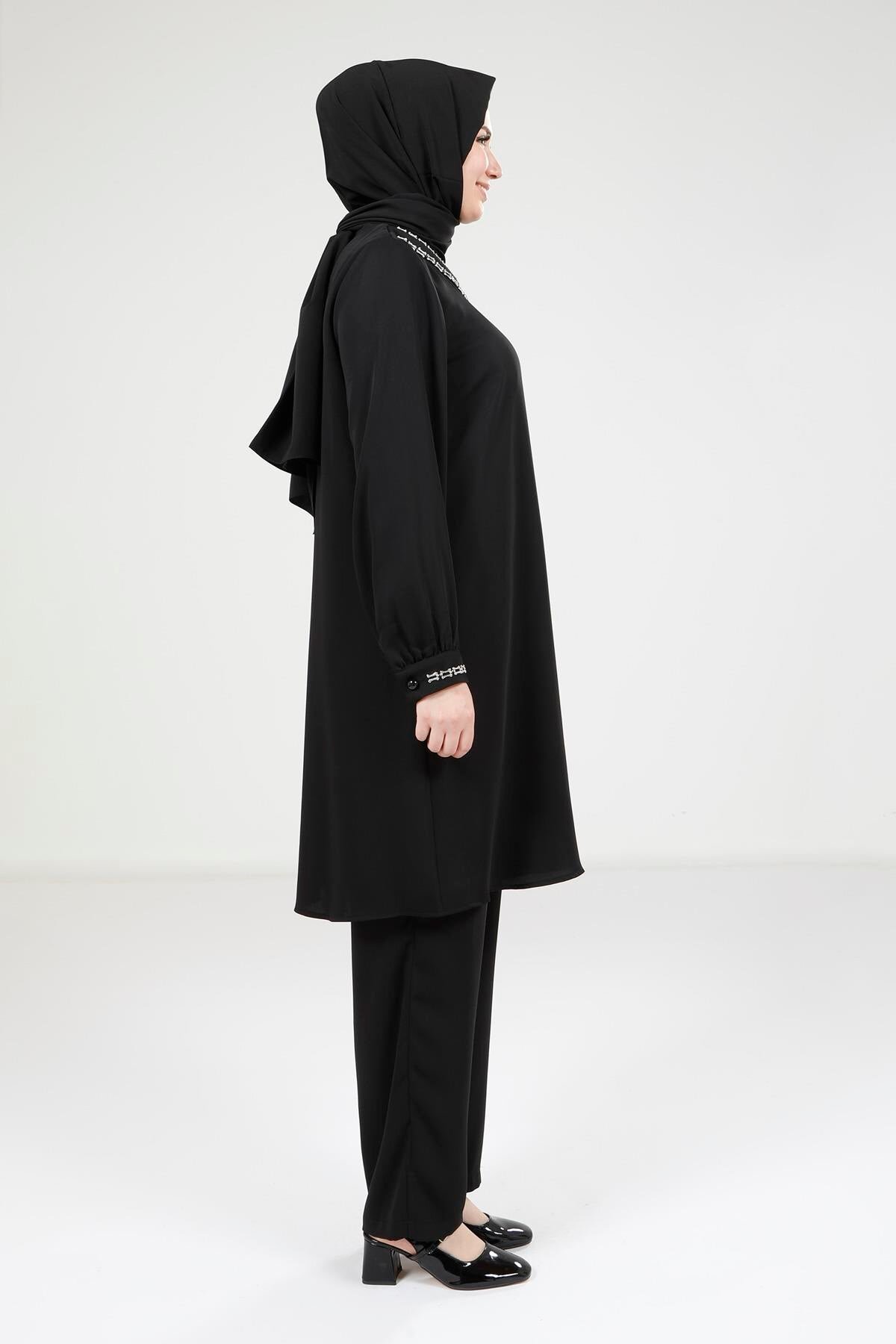Two-Piece Blouse and Trousers Modest Set - Black - Beyza