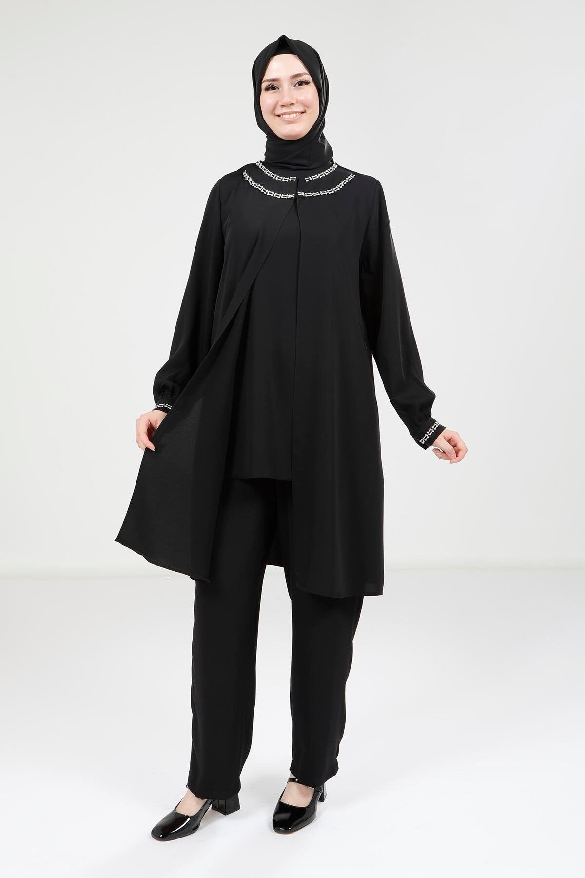 Two-Piece Blouse and Trousers Modest Set - Black - Beyza