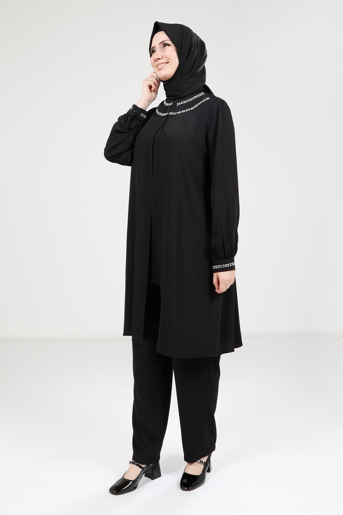 Two-Piece Blouse and Trousers Modest Set - Black - Beyza