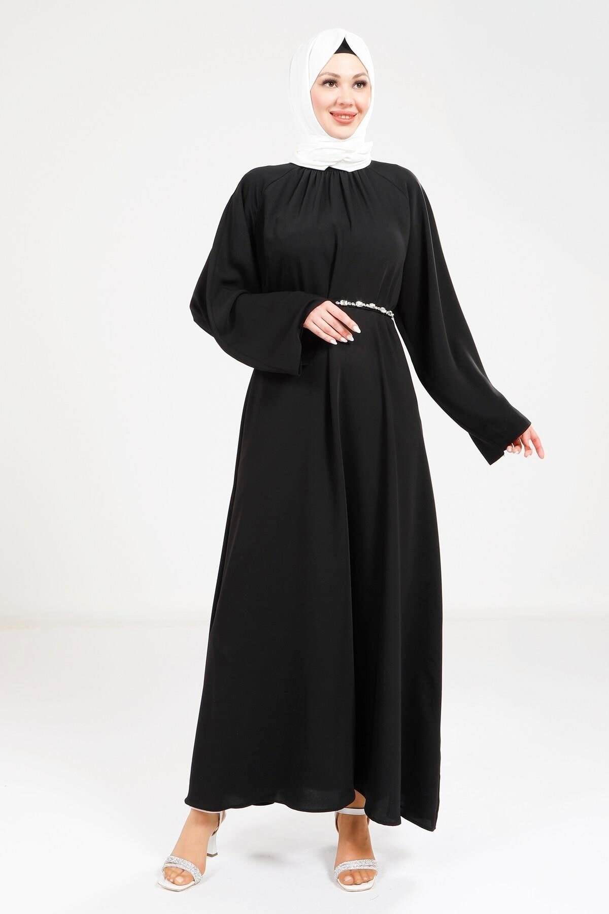 Stone Belt Detail Modest Dress - Black - Beyza
