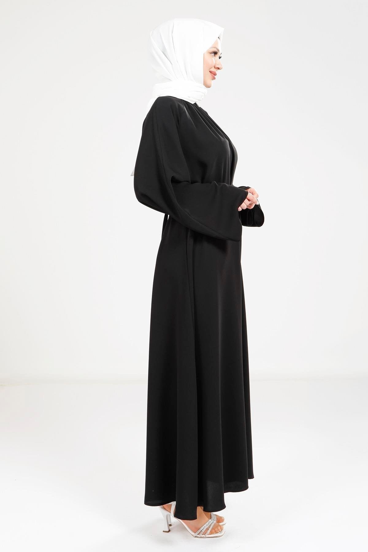 Stone Belt Detail Modest Dress - Black - Beyza