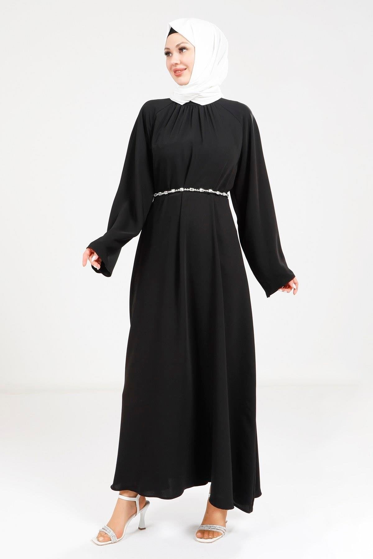 Stone Belt Detail Modest Dress - Black - Beyza