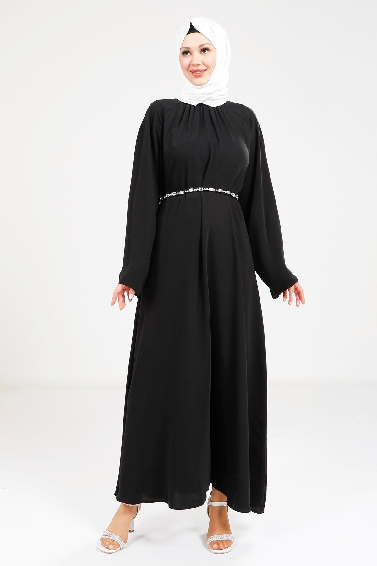 Stone Belt Detail Modest Dress - Black - Beyza