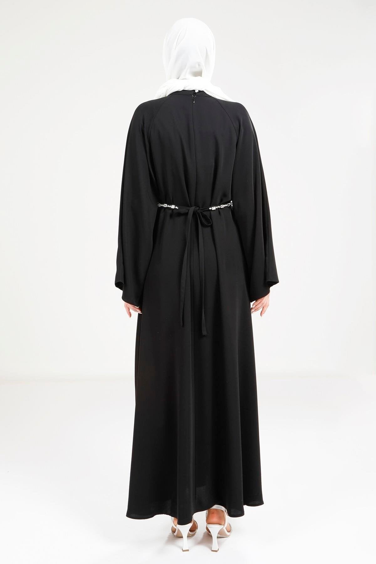 Stone Belt Detail Modest Dress - Black - Beyza