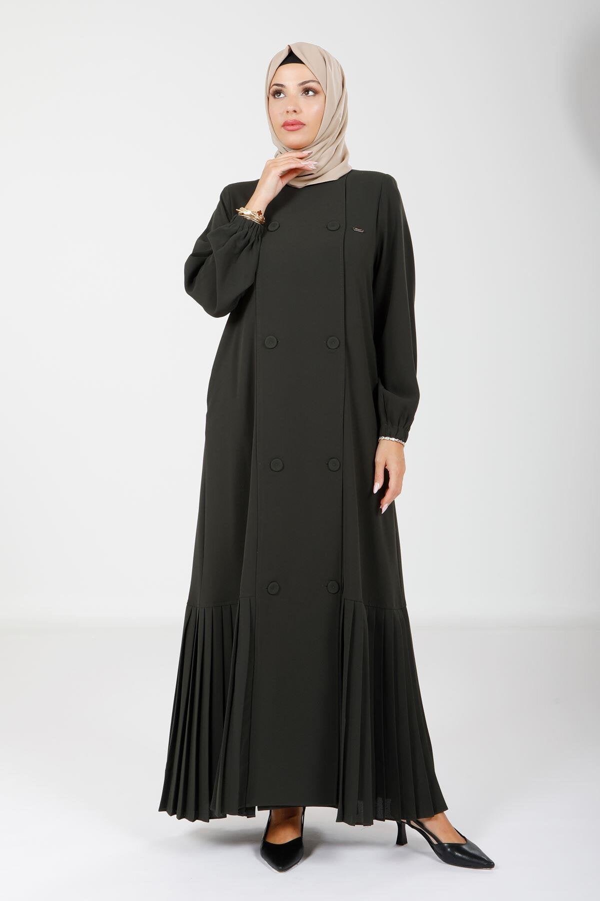 Pleated Buttoned Abaya with Pockets - Green - Beyza