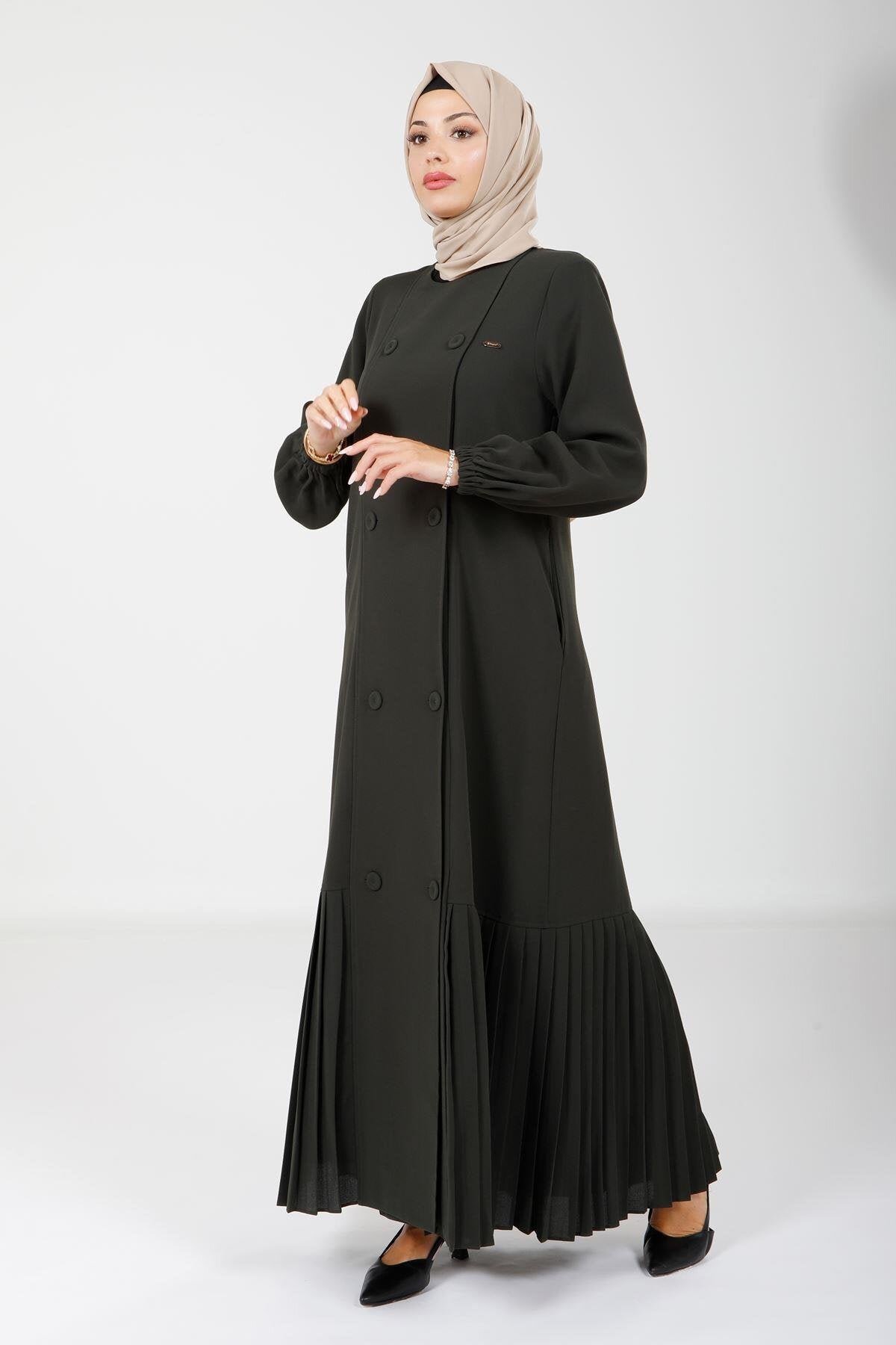 Pleated Buttoned Abaya with Pockets - Green - Beyza