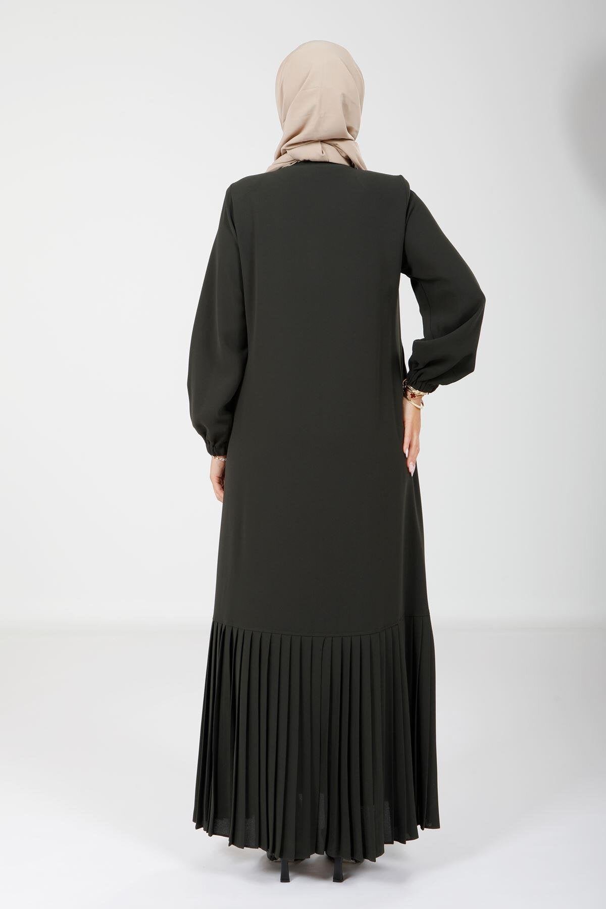 Pleated Buttoned Abaya with Pockets - Green - Beyza