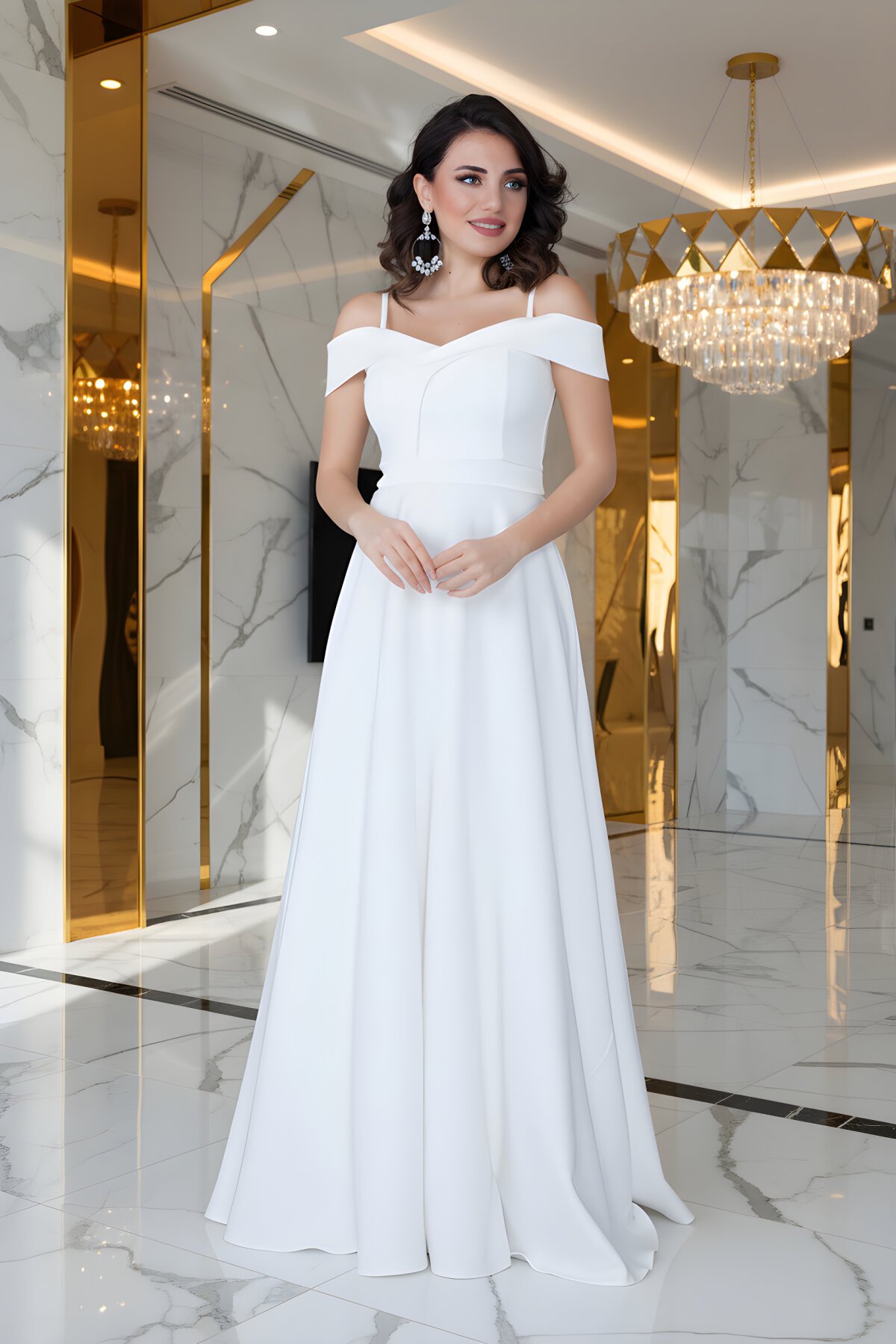 Long Flared Strappy Off-Shoulder Detail Evening Dress - White - Bidoluelbise