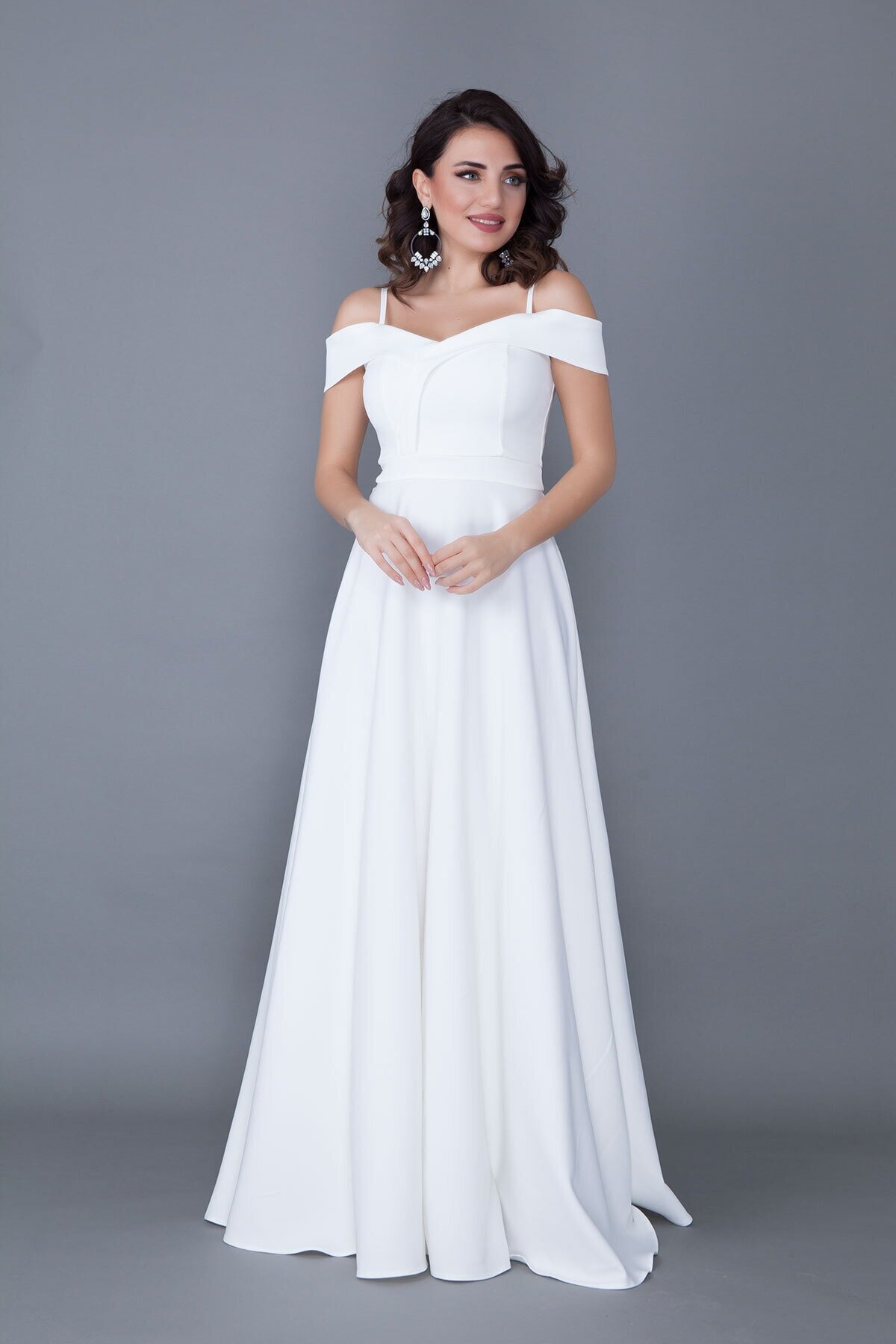 Long Flared Strappy Off-Shoulder Detail Evening Dress - White - Bidoluelbise