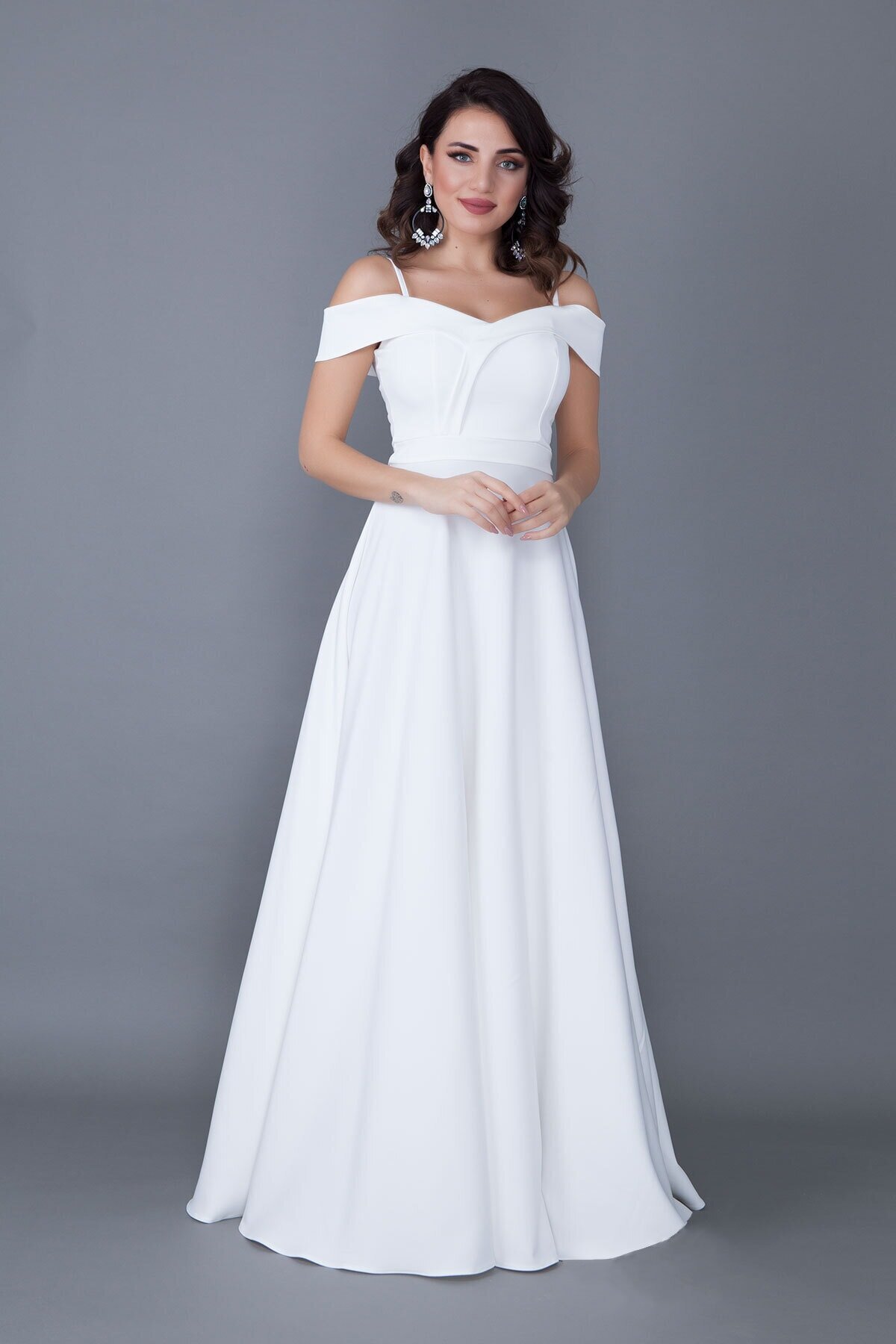 Long Flared Strappy Off-Shoulder Detail Evening Dress - White - Bidoluelbise