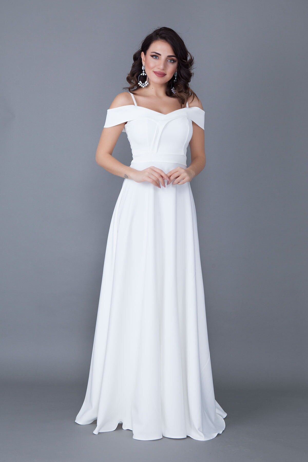 Long Flared Strappy Off-Shoulder Detail Evening Dress - White - Bidoluelbise