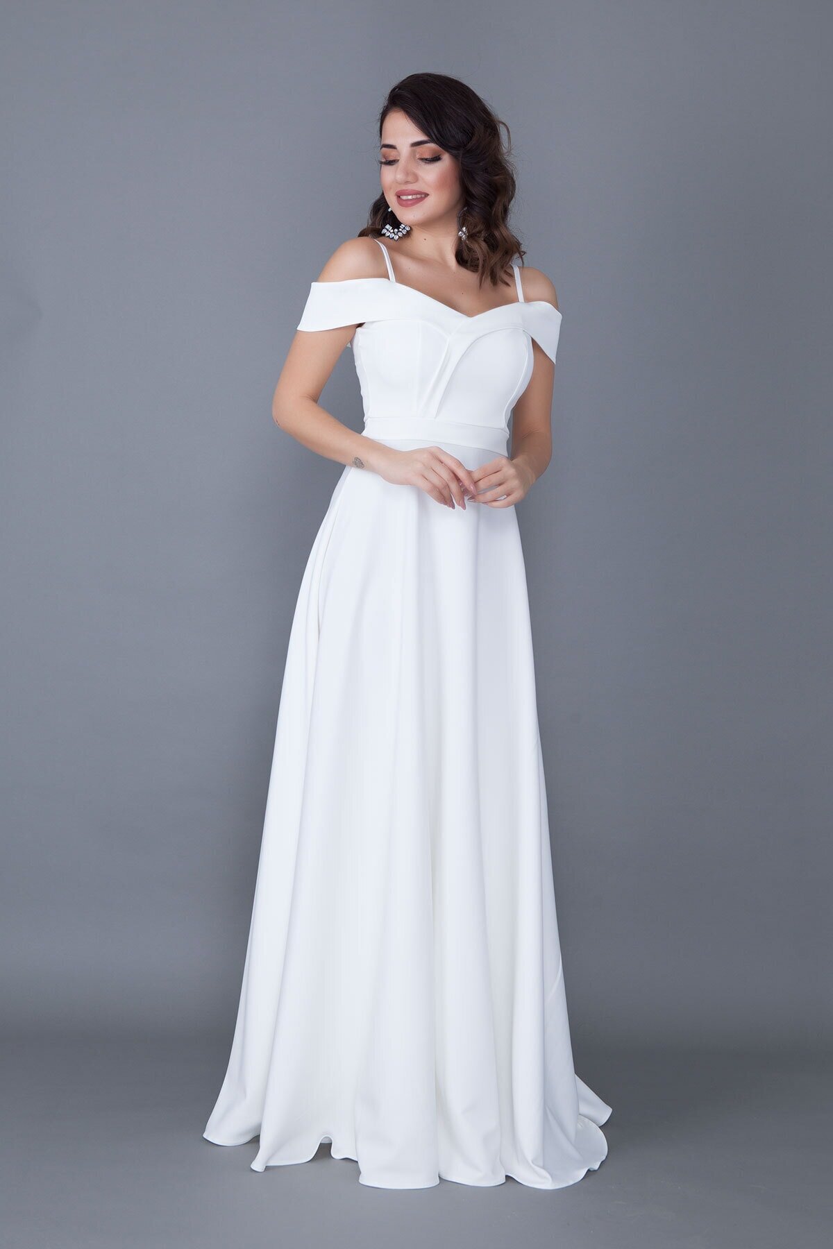 Long Flared Strappy Off-Shoulder Detail Evening Dress - White - Bidoluelbise