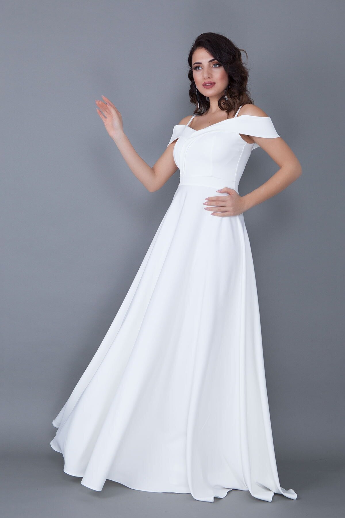 Long Flared Strappy Off-Shoulder Detail Evening Dress - White - Bidoluelbise