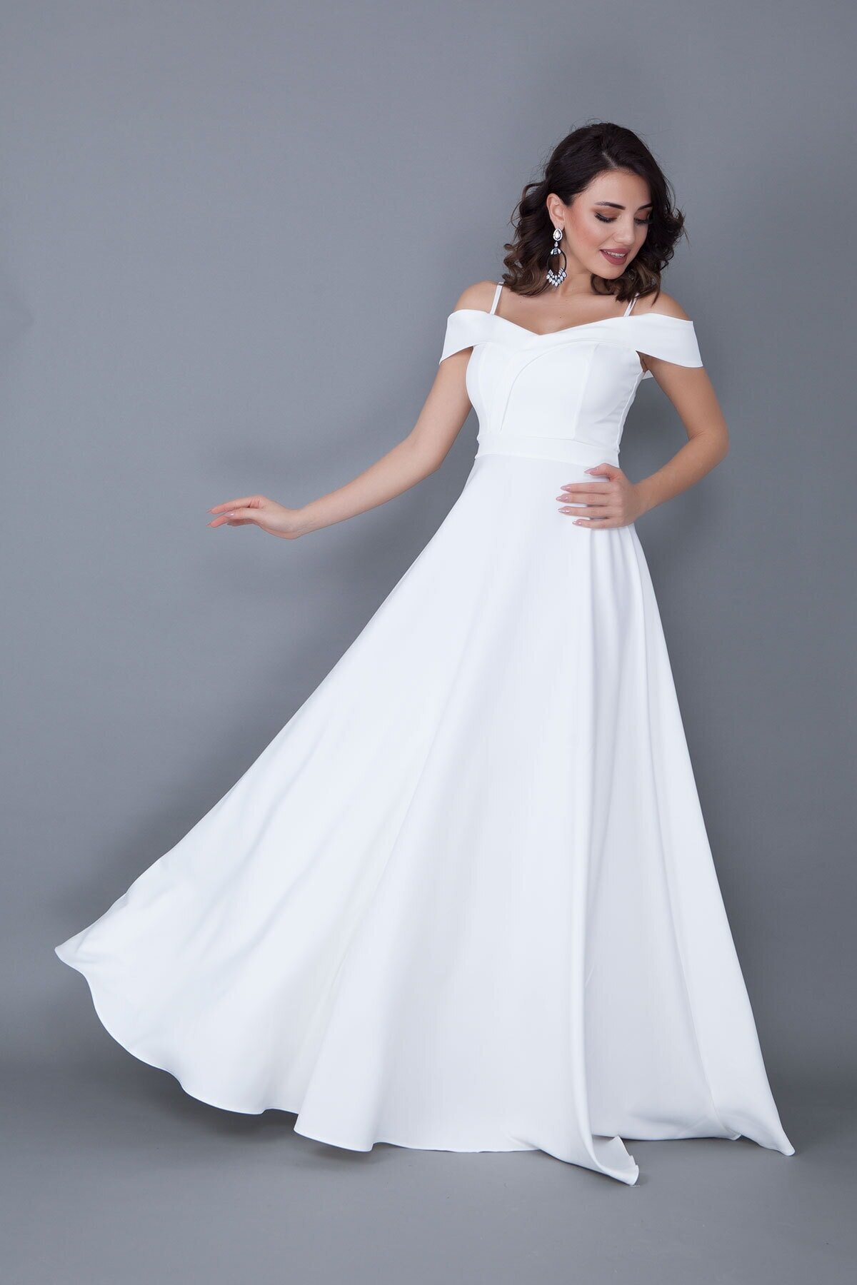 Long Flared Strappy Off-Shoulder Detail Evening Dress - White - Bidoluelbise