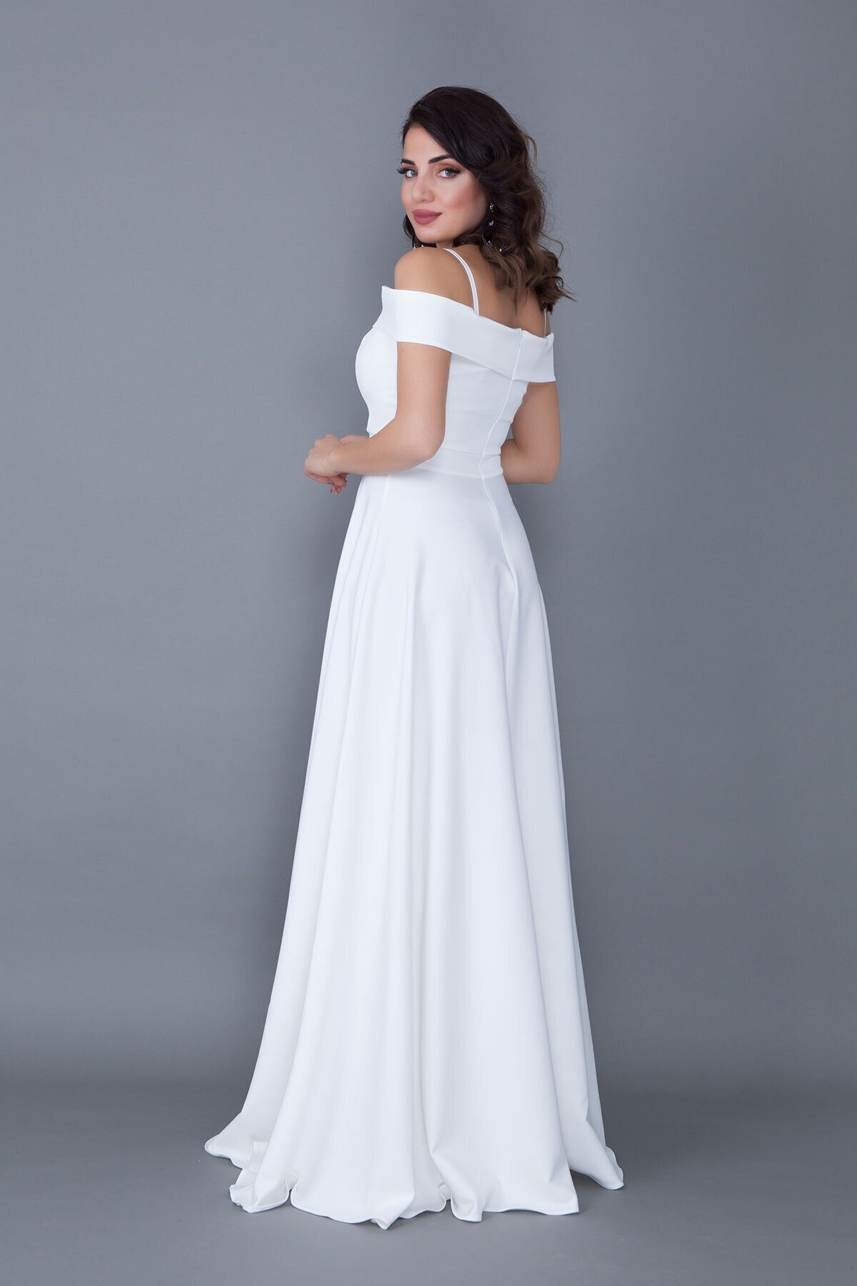 Long Flared Strappy Off-Shoulder Detail Evening Dress - White - Bidoluelbise