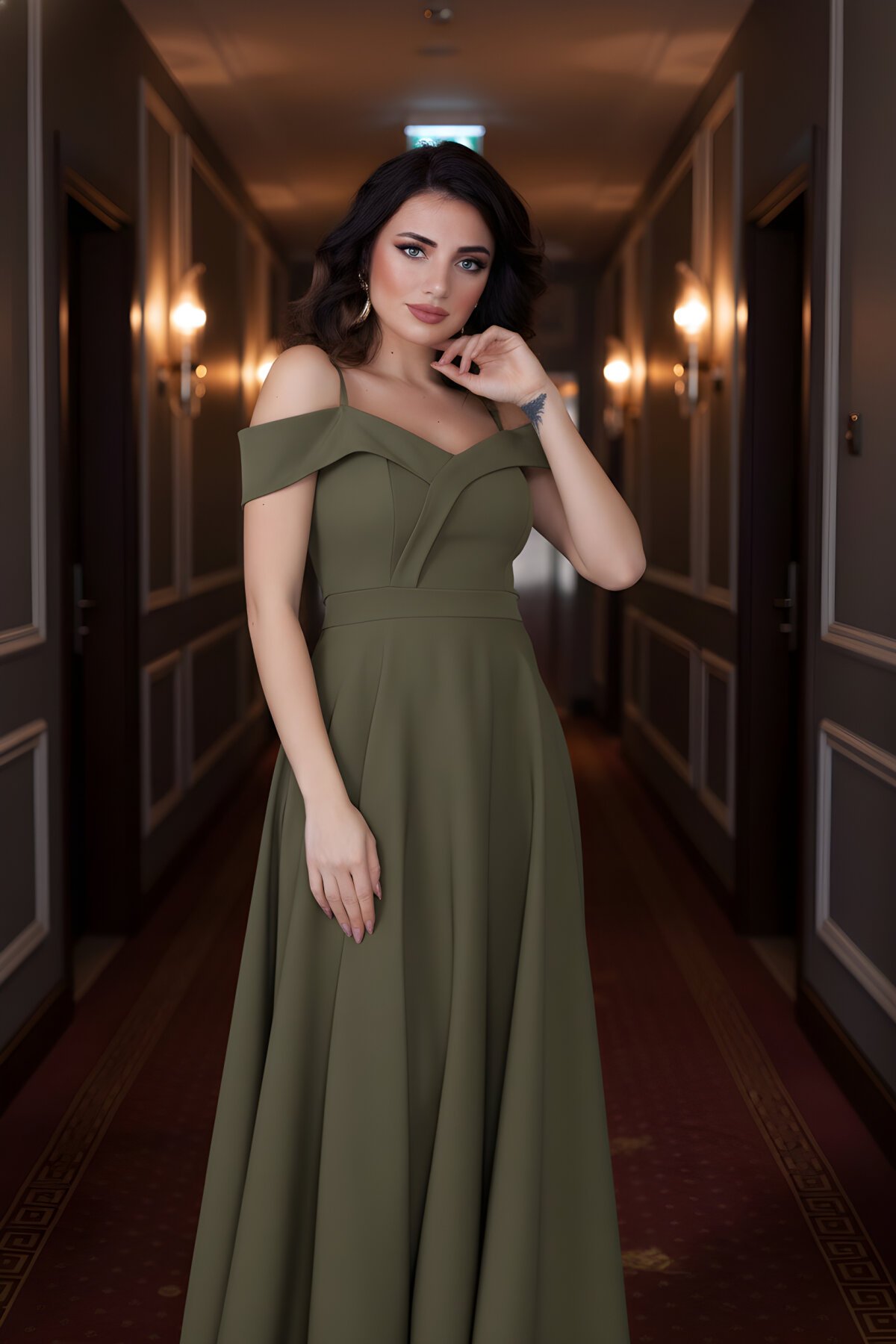 Long Flared Strappy Drop-Shoulder Evening Dress - Khaki - Bidoluelbise